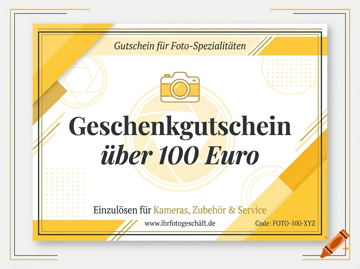 A yellow and white 100 euro gift voucher with a camera icon and German text.