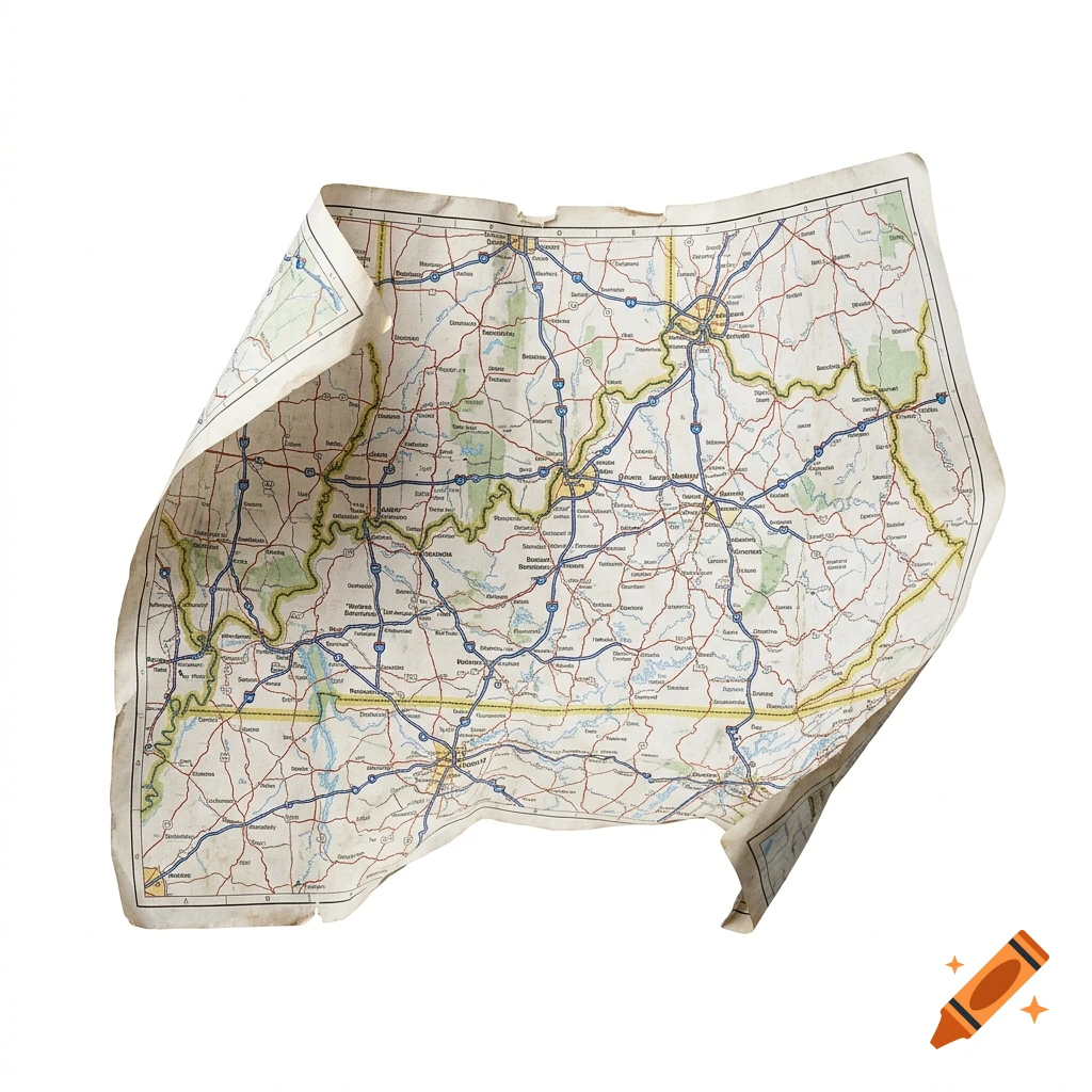 A photorealistic, worn paper road map flapping open mid-air against a pure white background.