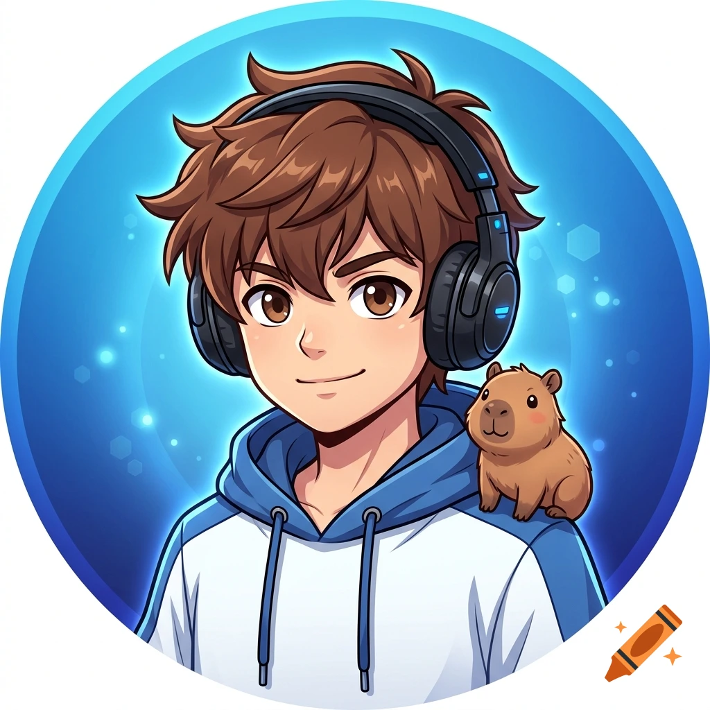 Digital anime style profile picture of a young brown-haired boy wearing headphones and a blue and white hoodie with a small capybara on his shoulder.