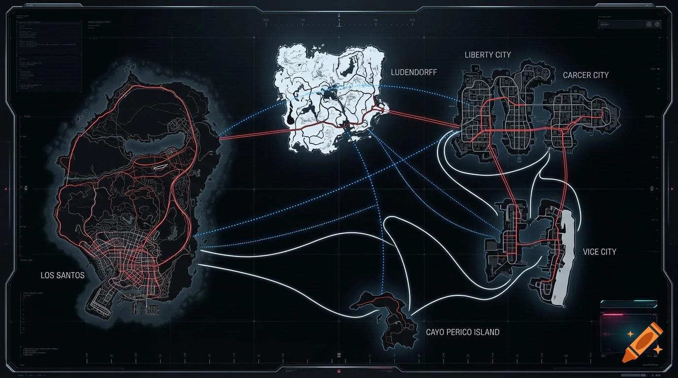 Futuristic UI navigation map showing game locations like Los Santos and Liberty City connected by routes.