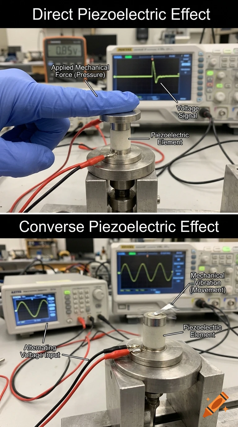 Educational split image demonstrating direct and converse piezoelectric effects using scientific equipment, wires, and oscilloscope displays.
