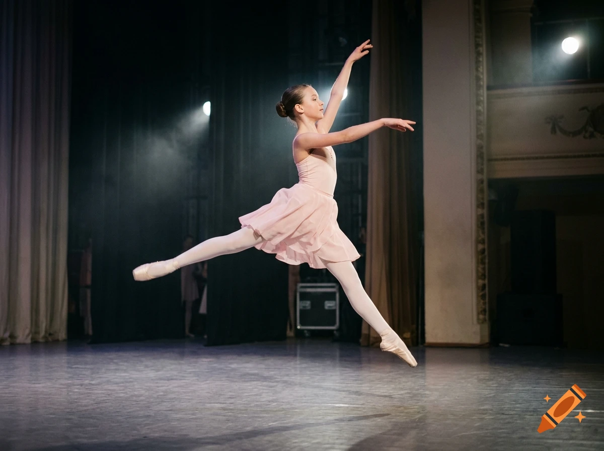 A young female ballet dancer in a pink tutu mid-air jumping on a stage under theatrical lighting.