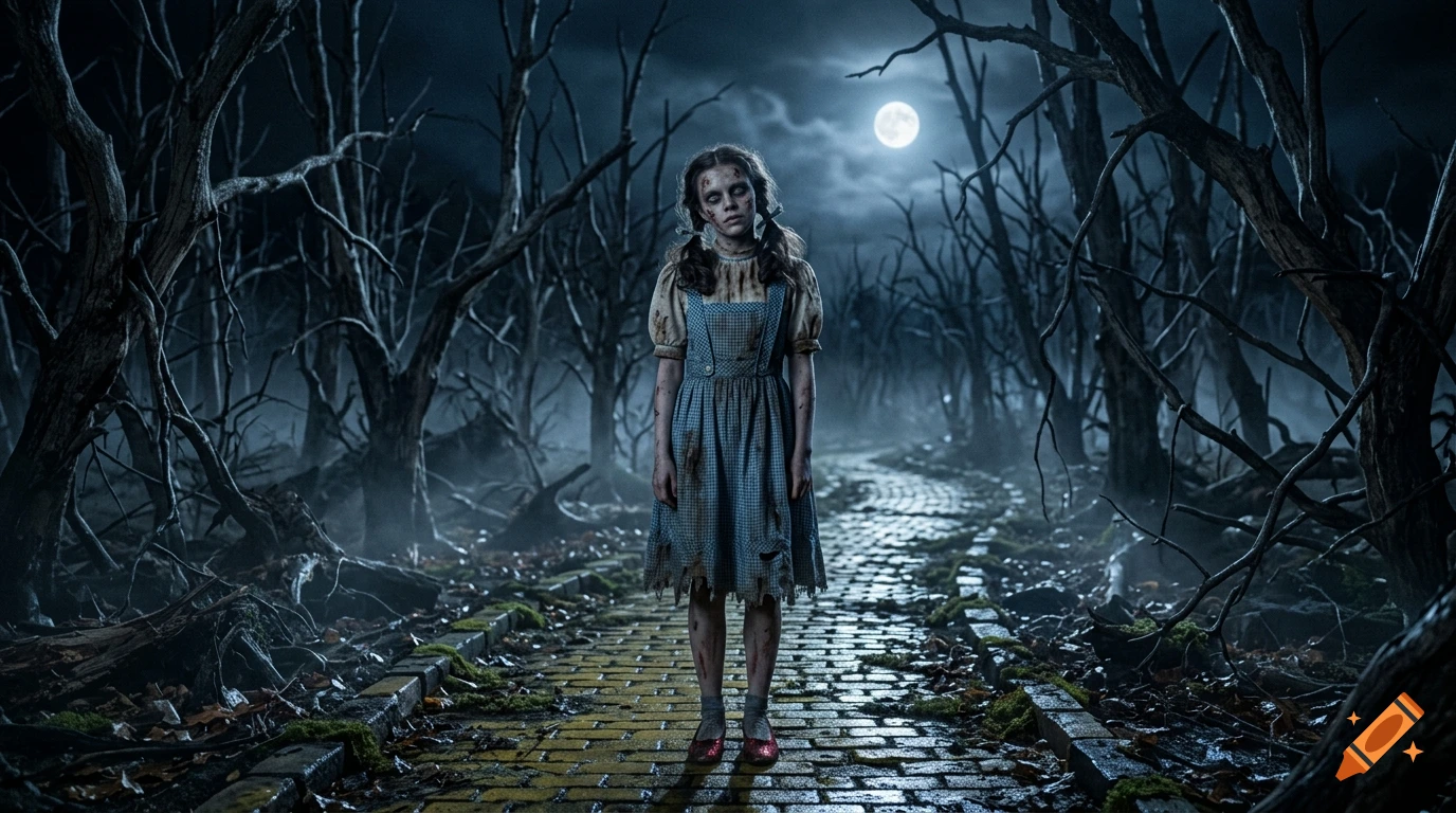 A zombie version of Dorothy standing on a yellow brick road in a dark, dead forest under a full moon, photorealistic horror style.