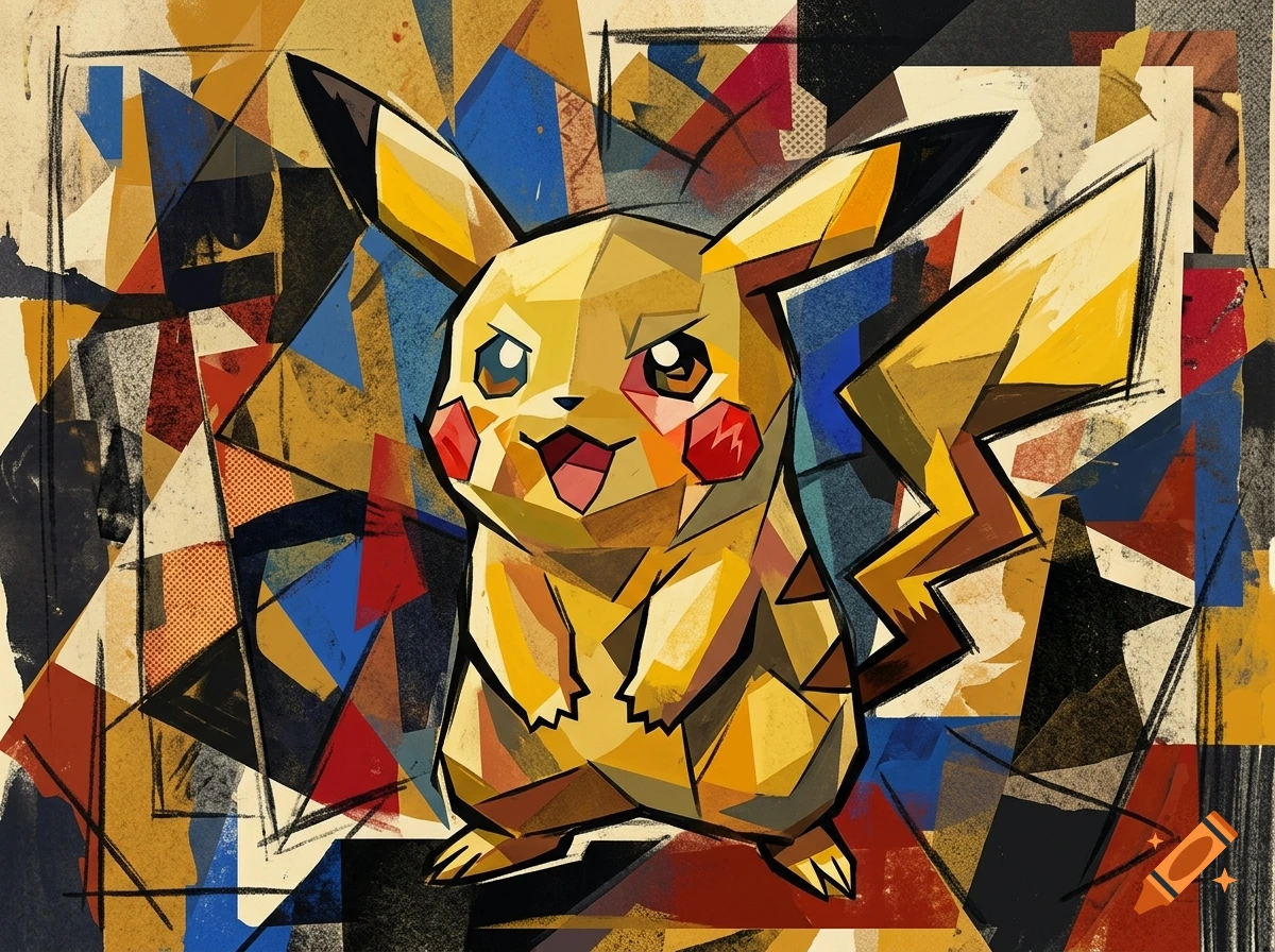 Cubist-style illustration of Pikachu in yellow and brown with geometric shapes and a multi-colored abstract background.