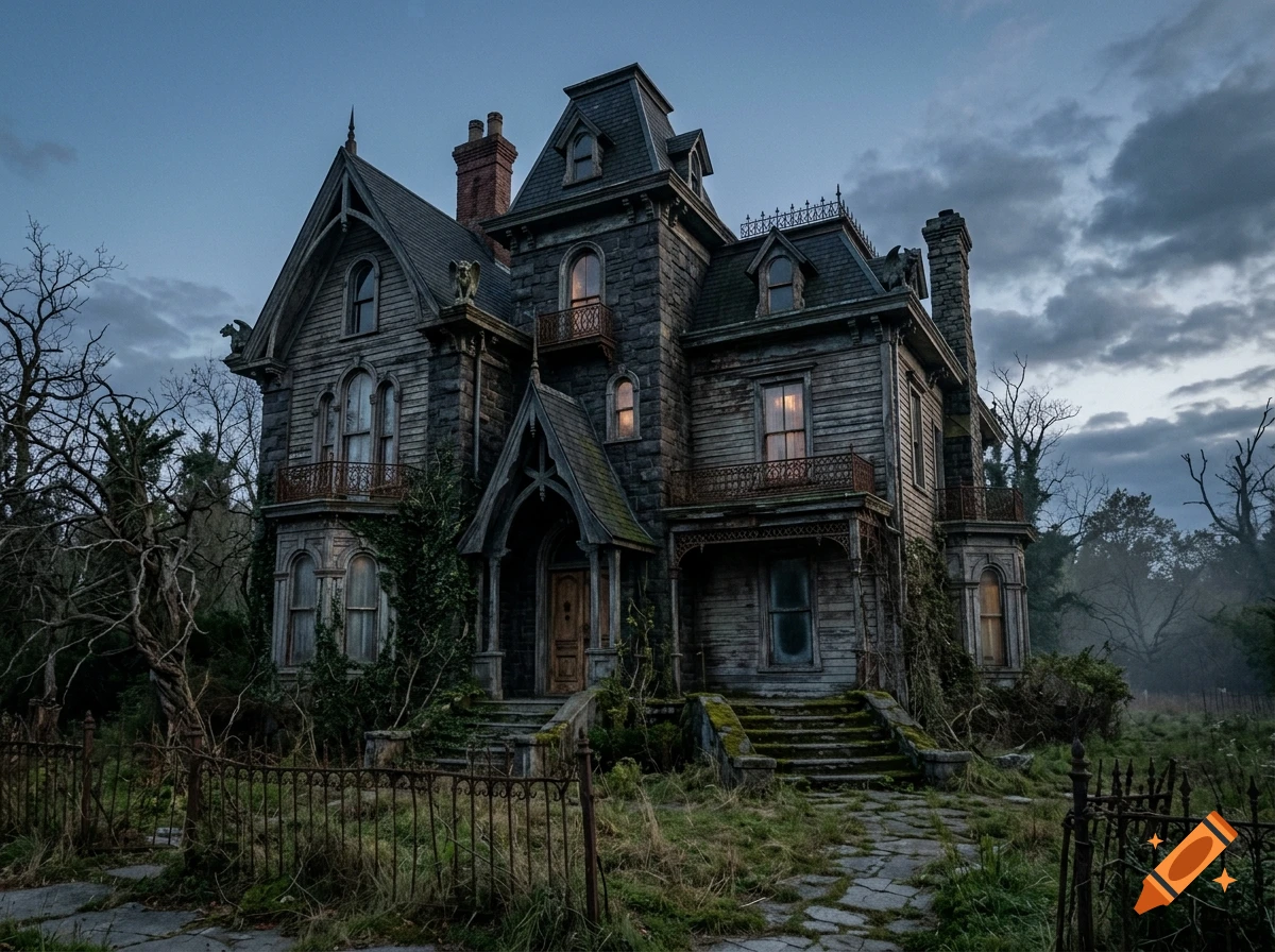 Photorealistic image of a spooky, dilapidated Victorian mansion with overgrown grass under a cloudy twilight sky.
