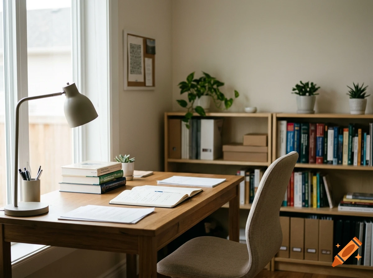 Photorealistic study room with wooden desk, chair, lamp, books, and bookshelf.
