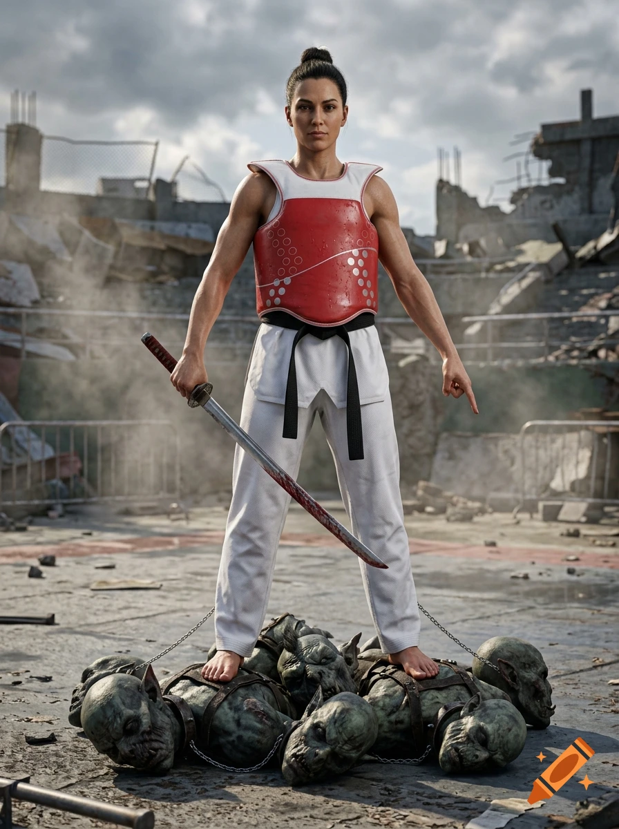 Photorealistic image of a female martial artist standing on a pile of zombie heads, holding a bloody katana.