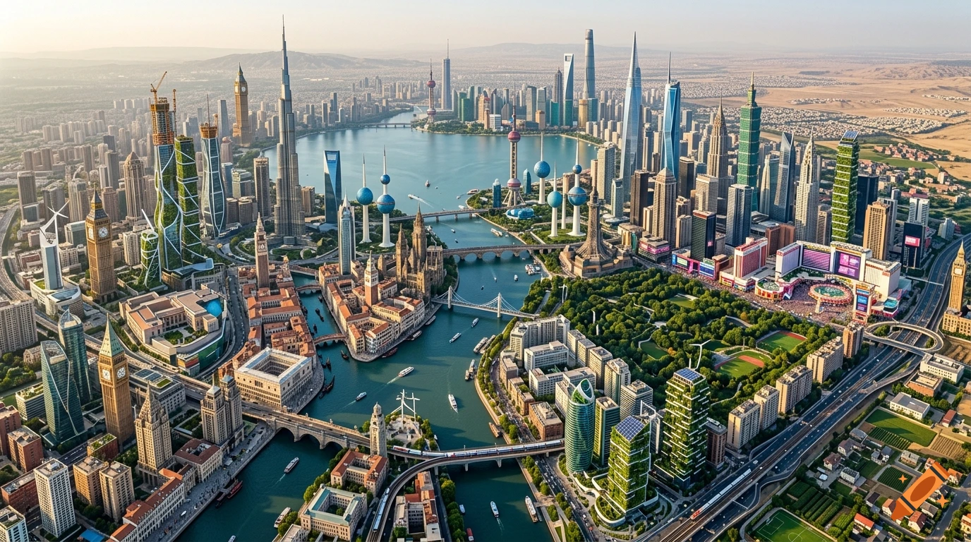 Aerial view of a sprawling fictional metropolis combining famous global landmarks, skyscrapers, a central lake, and winding rivers.