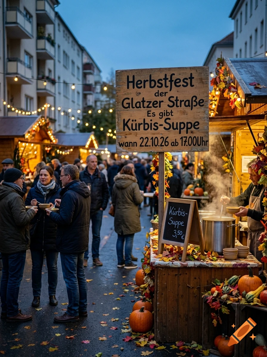 Photorealistic autumn street market with wooden stalls, hanging lights, people eating soup, and a large sign reading Herbstfest.