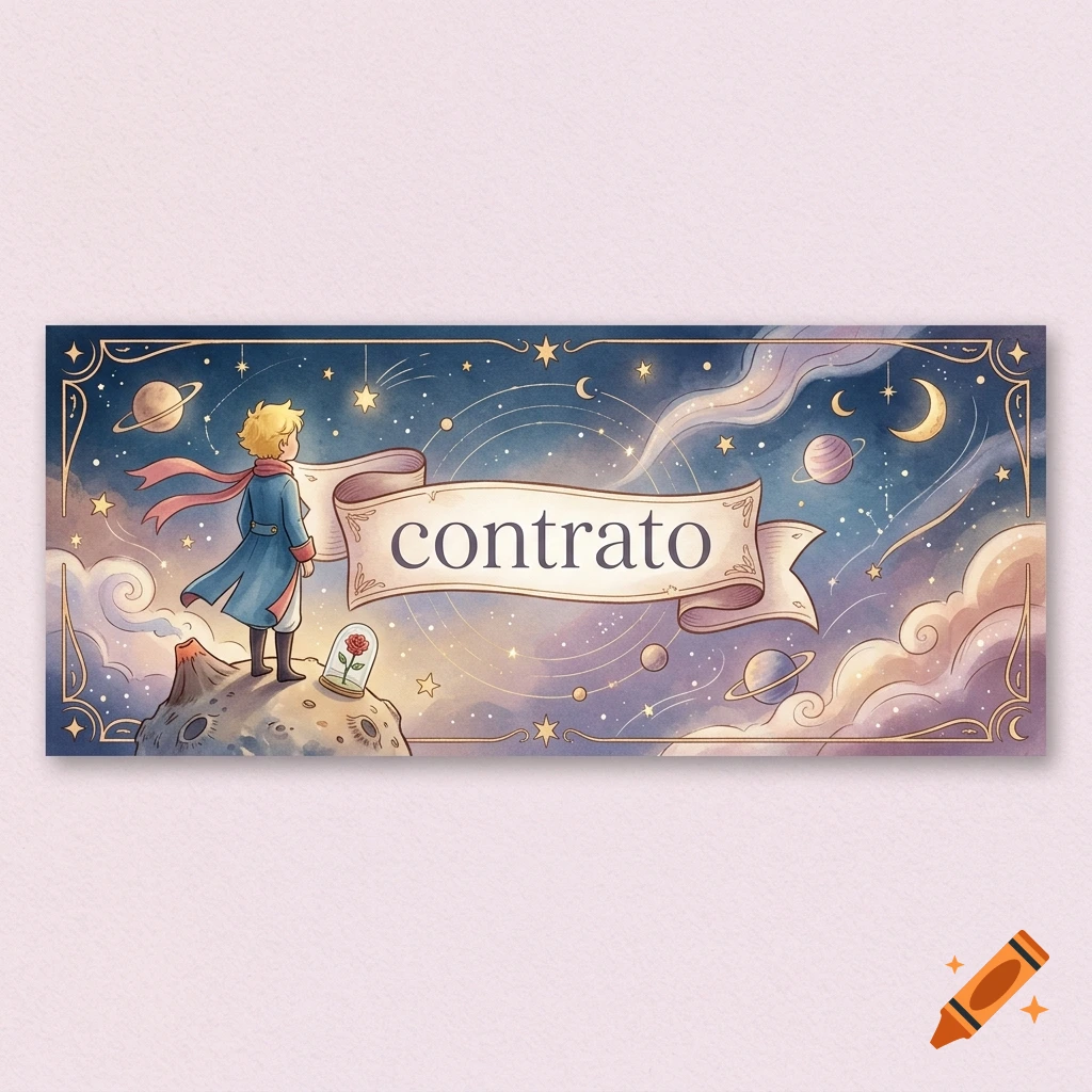 Watercolor illustration of the Little Prince standing on a tiny planet in space, looking at a banner with the word 'contrato'.