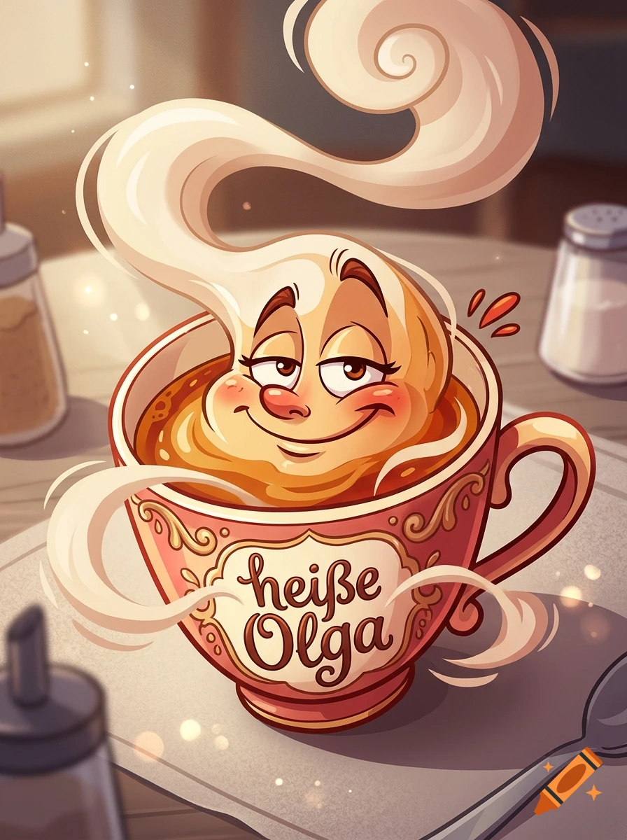A stylized cartoon cup of hot beverage with a smiling face made of steam, labeled 'heiße Olga'.