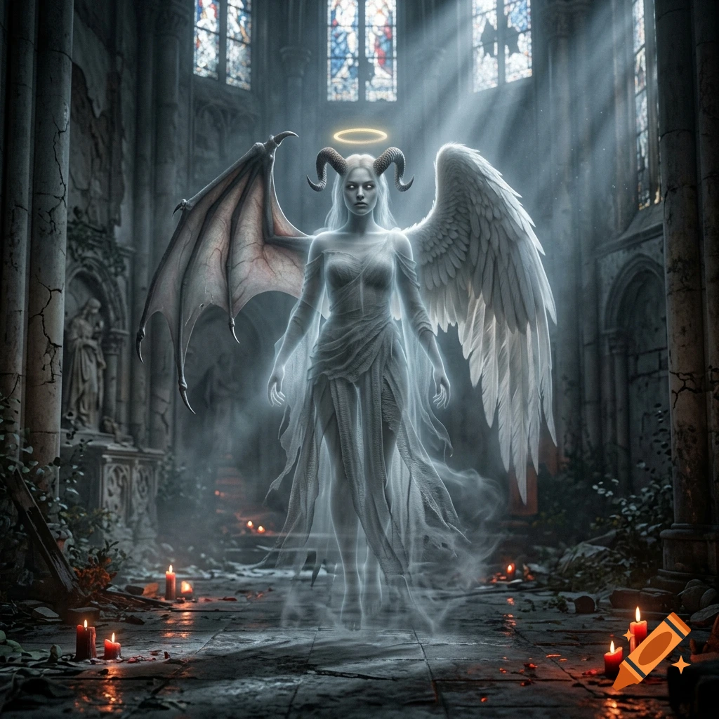Photorealistic depiction of a supernatural entity with a glowing halo, angel wings on one side, and devil wings on the other, floating in a ruined cathedral filled with candles.