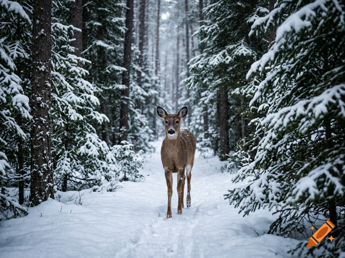 A photorealistic deer walking through a snowy pine forest.
