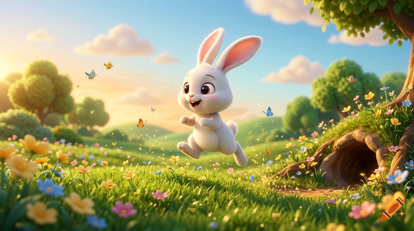 3D animated white bunny jumping joyfully in a vibrant springtime meadow filled with flowers, butterflies, and a sunny sky.