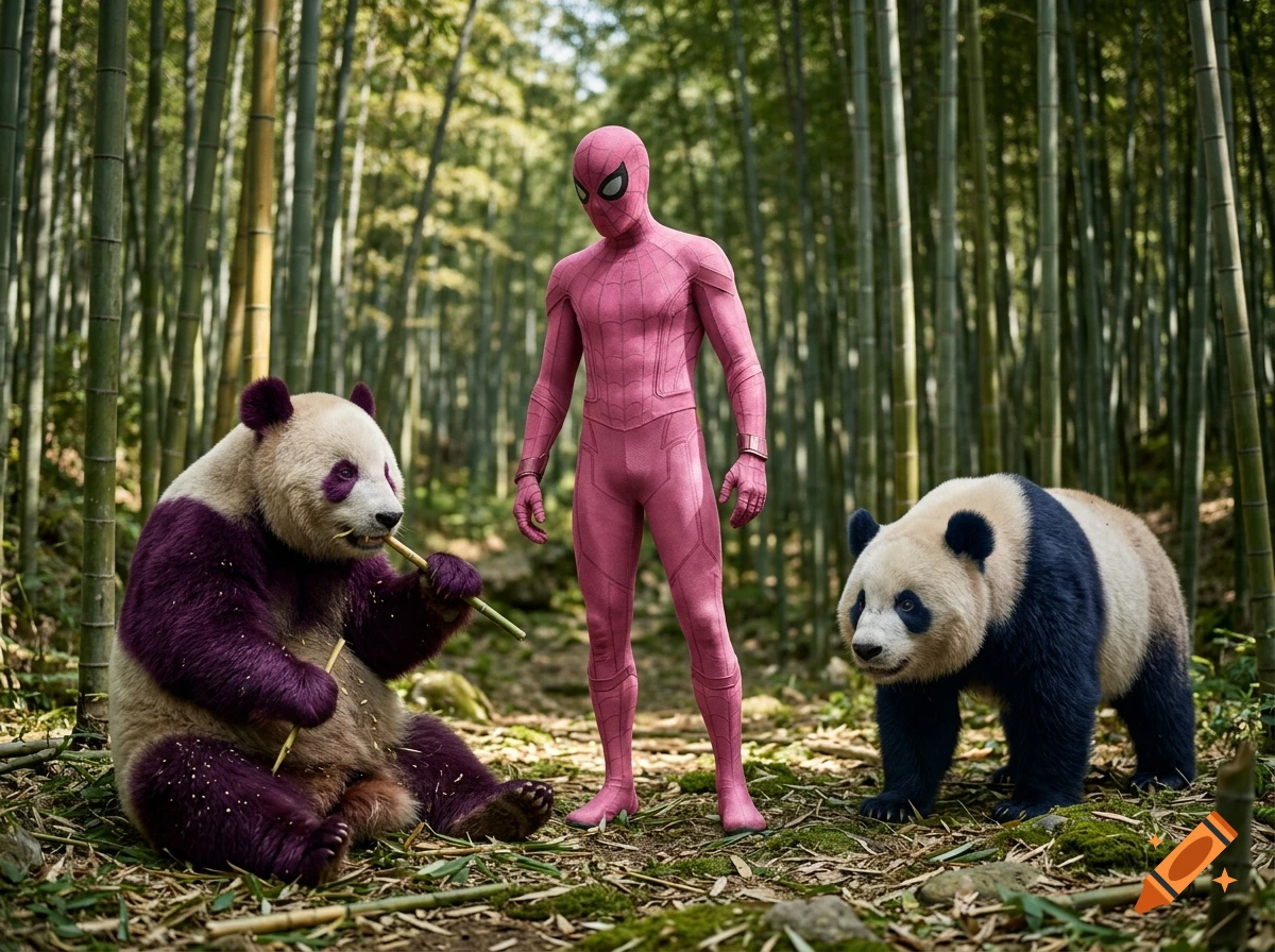 Photorealistic image of a pink Spider-Man standing in a bamboo forest with a purple panda and a blue panda.