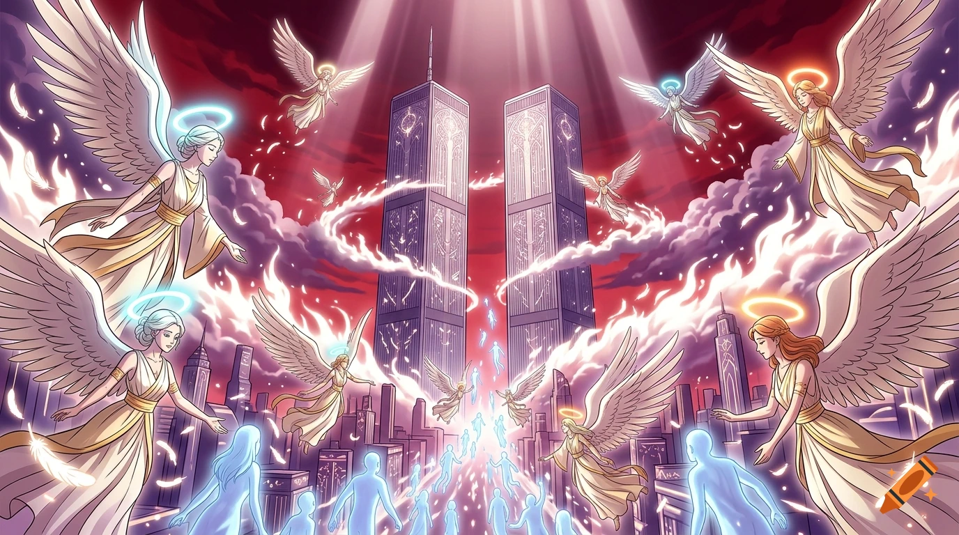 An anime-style digital illustration depicting the Twin Towers in a celestial realm surrounded by flying angels and glowing soul figures.