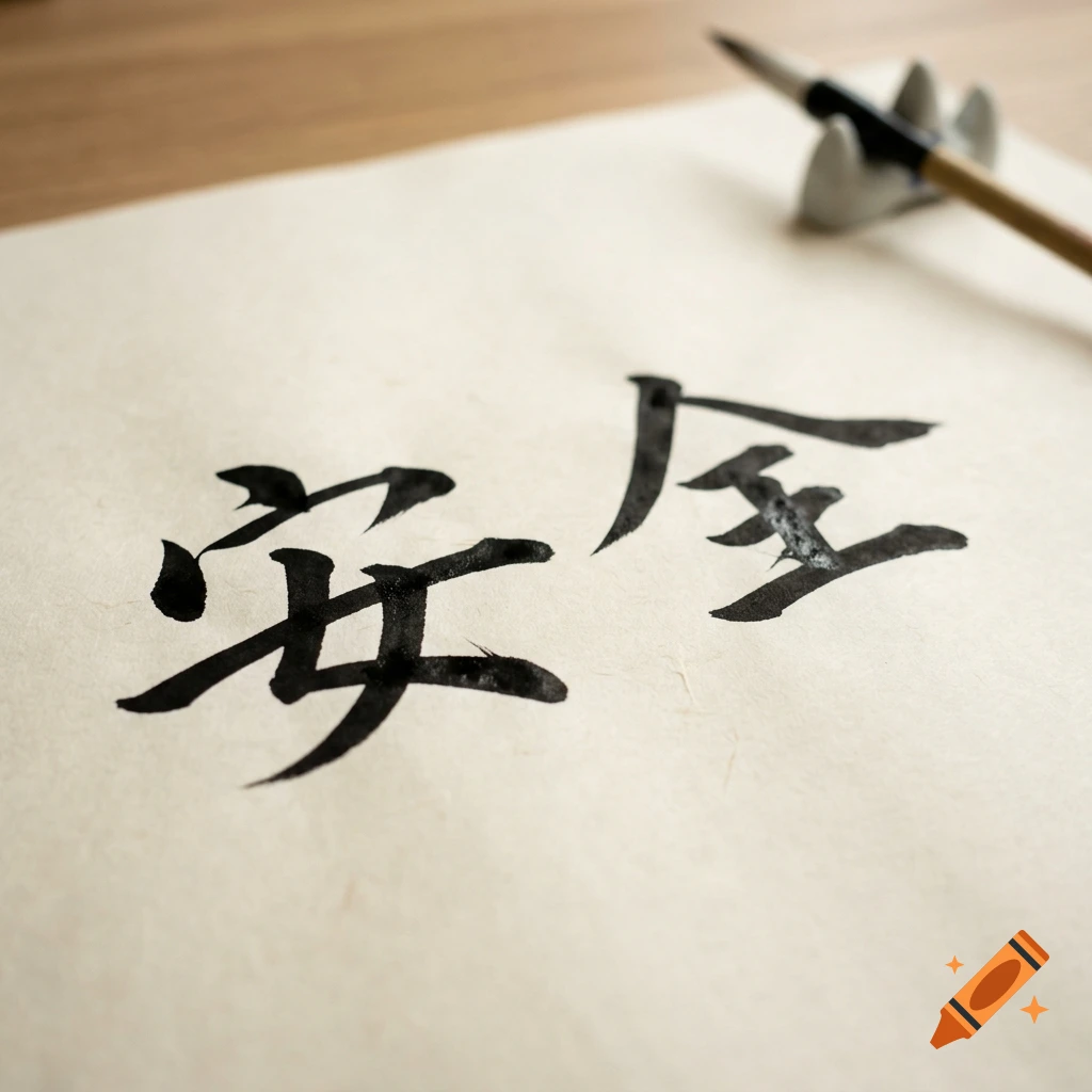 Japanese calligraphy writing on traditional paper with a brush resting on a ceramic holder.