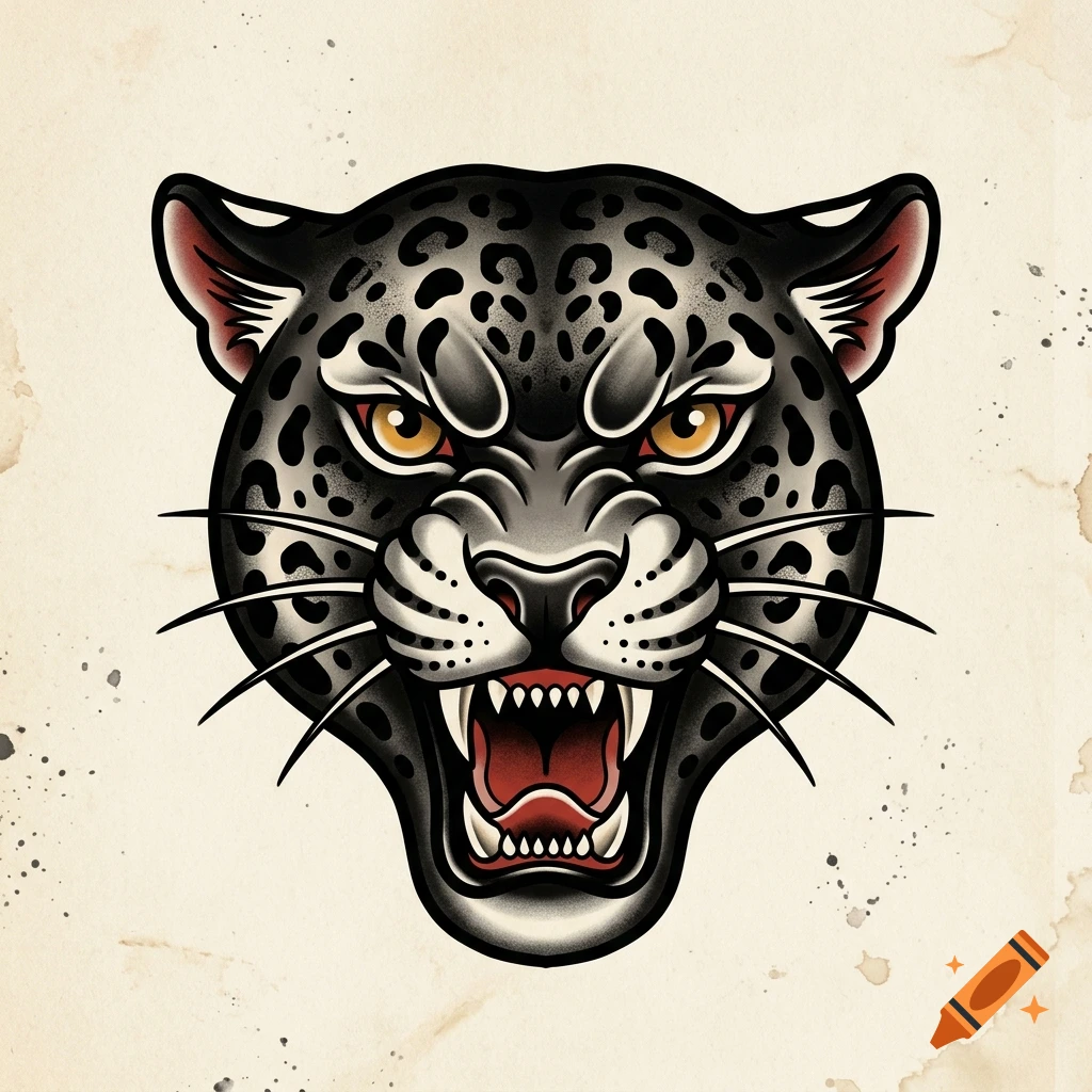 An illustrated traditional tattoo style portrait of a snarling jaguar's head with bared teeth, yellow eyes, and spots.