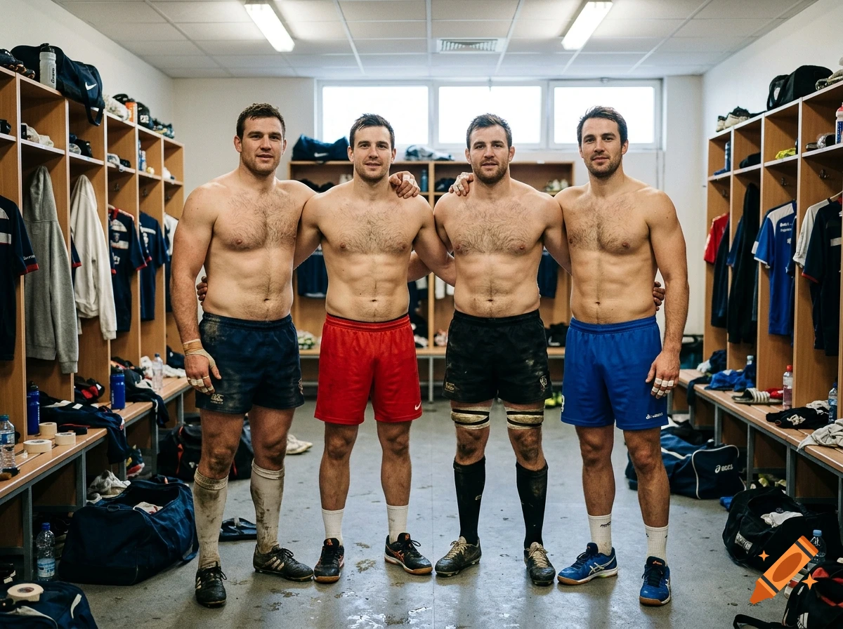 Four shirtless rugby players standing in a locker room, photorealistic.