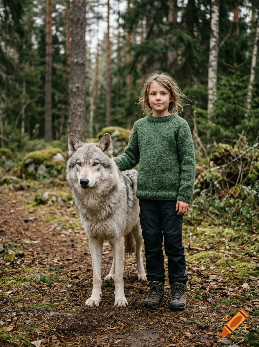 Photorealistic image of a young child with a large wolf standing together on a dirt path in a dense forest.