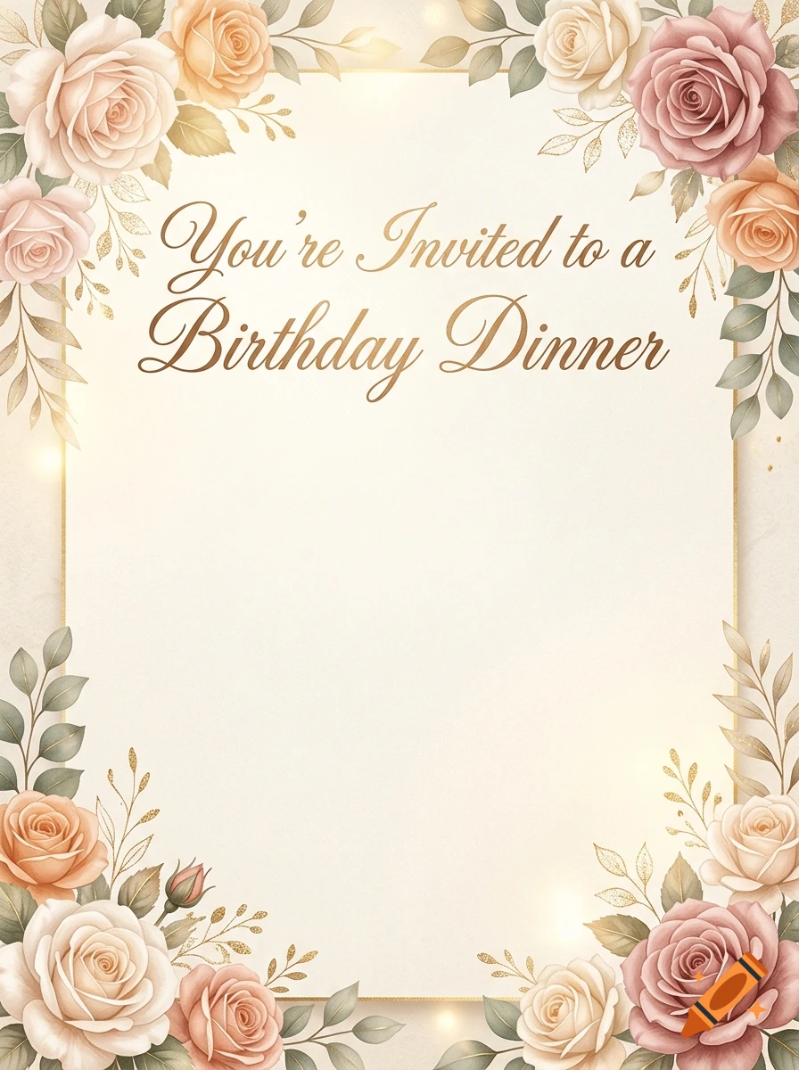 An elegant birthday dinner invitation with soft pastel roses and gold cursive text.