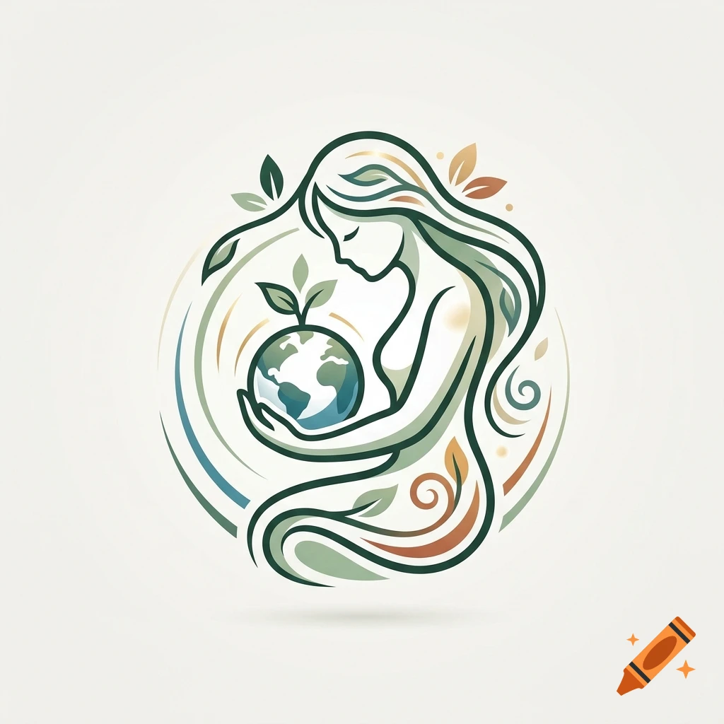 Stylized vector art of Mother Earth holding a globe with sprouting leaves in minimalist green tones.