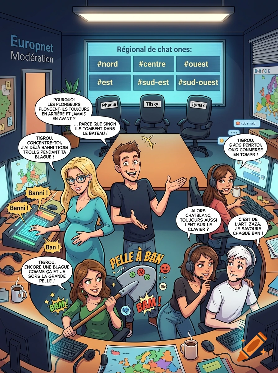 Comic style illustration of a team of moderators working in an office with speech bubbles and screens.