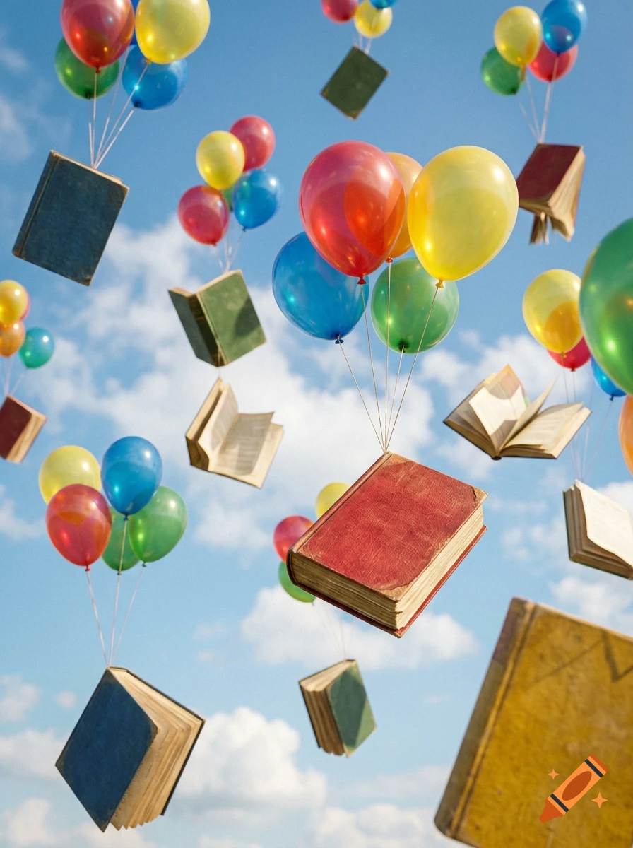 A low-angle view of multiple old books floating in the sky, each attached to colorful balloons against a bright blue sky with scattered clouds.