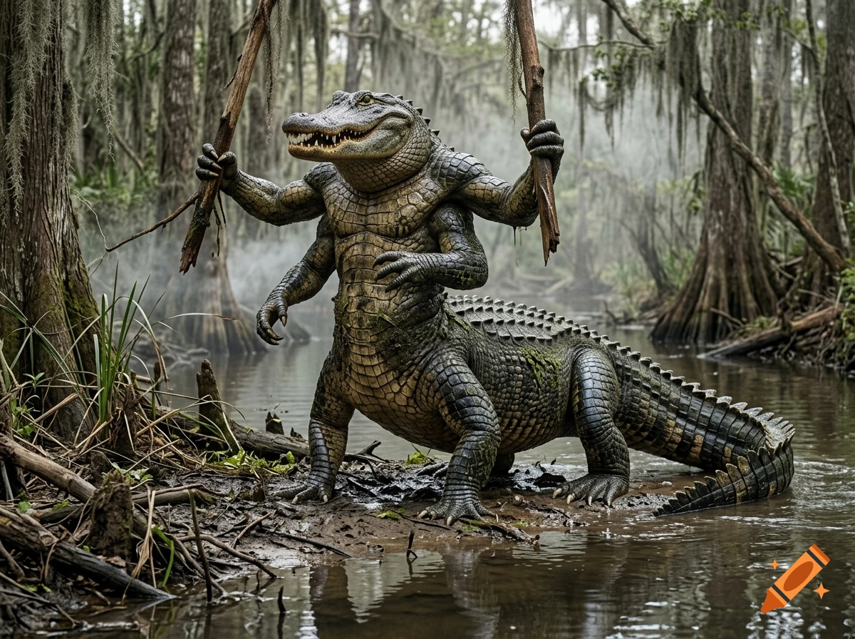 Photorealistic image of a six-armed alligator centaur holding sticks in a misty swamp.