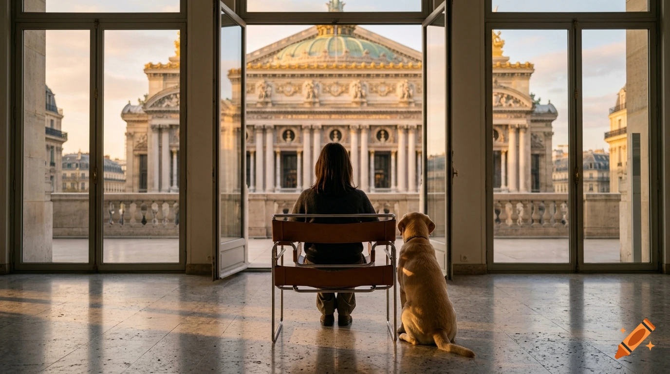 A person sitting in a chair facing away from the camera, with a golden retriever dog by their side, looking out an open window at a historic building.
