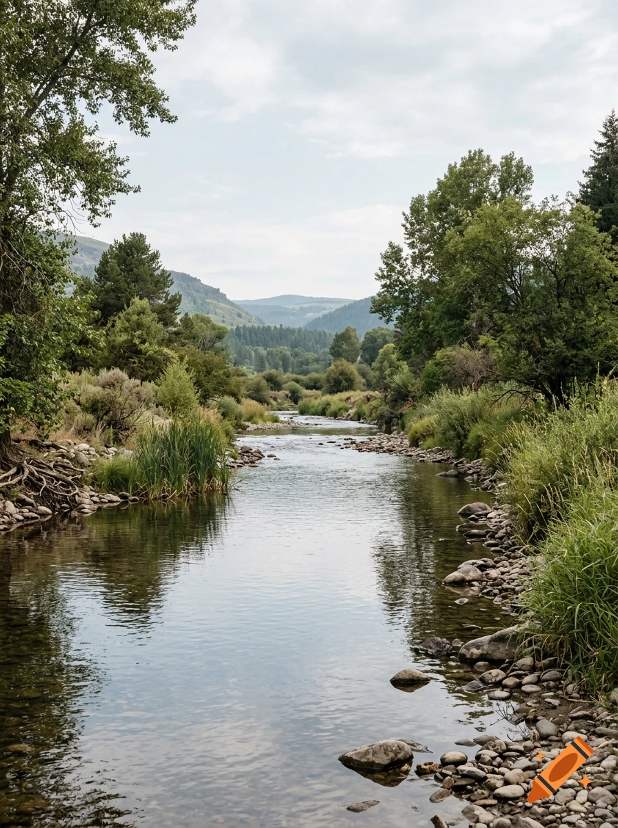 Photorealistic view of a calm river flowing through a lush green valley with trees and mountains in the background under an overcast sky.