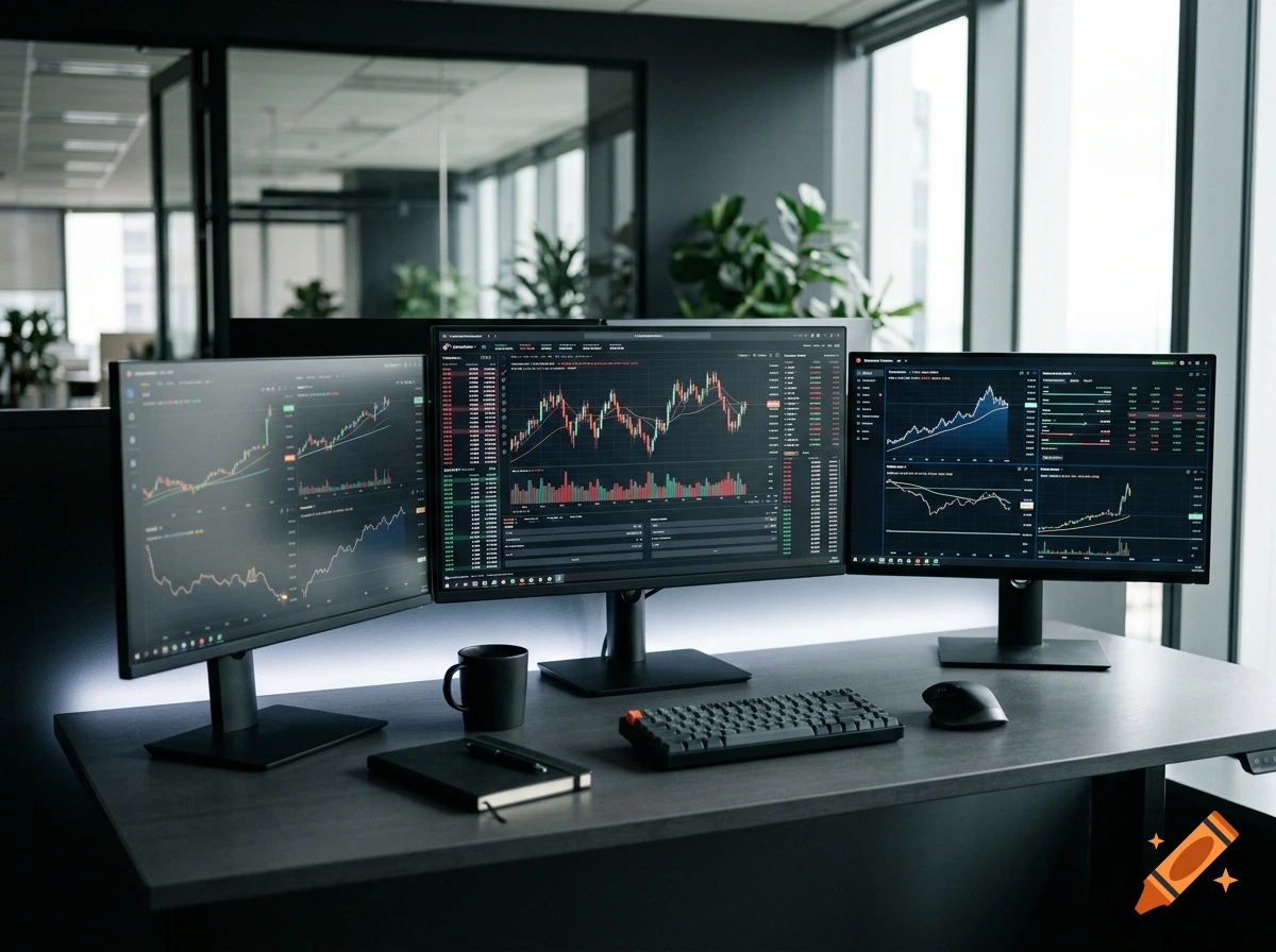 Photorealistic modern office desk with three monitors displaying stock market charts.