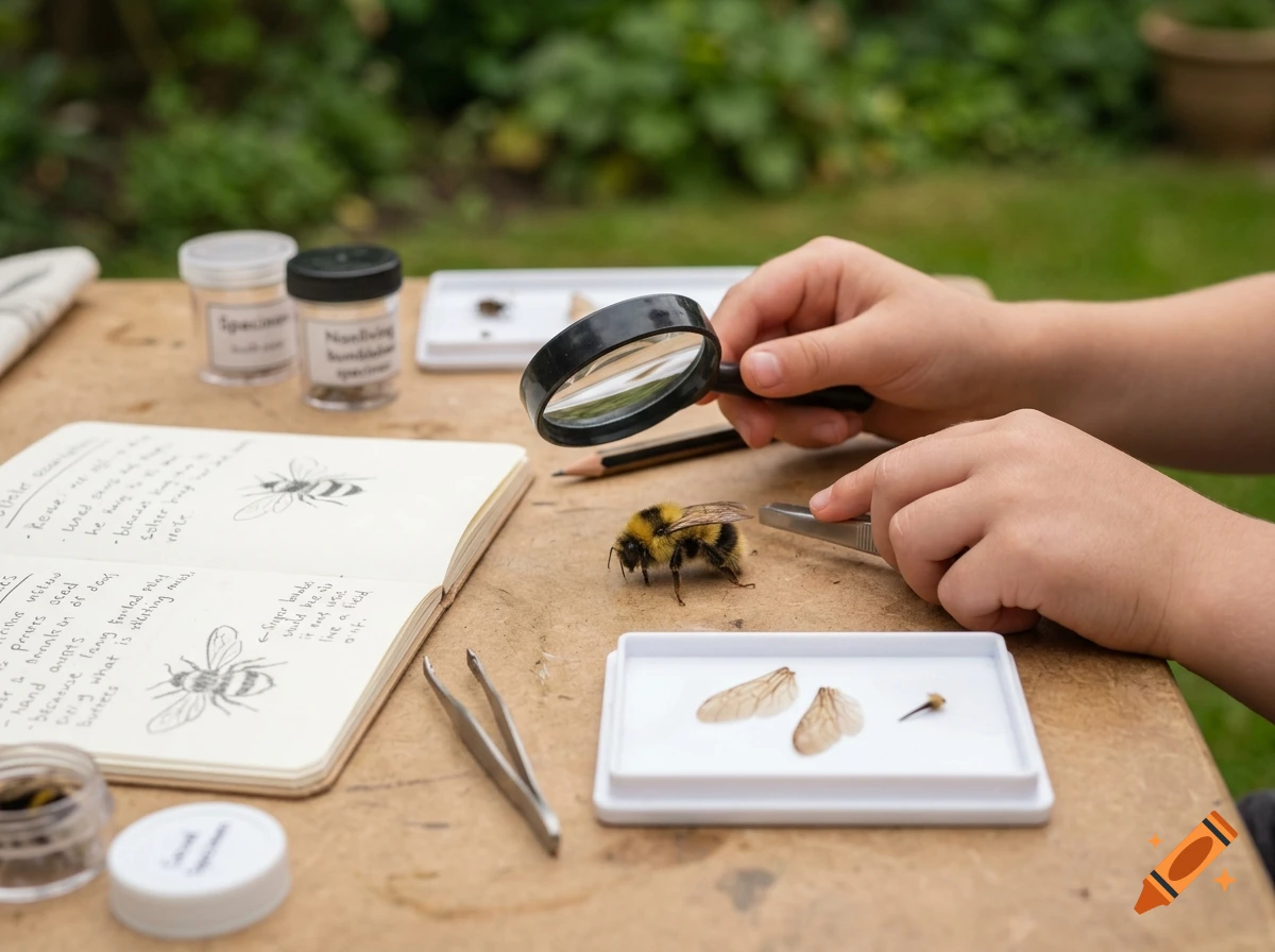 Close-up of a child examining a bumblebee with a magnifying glass at a wooden table with specimen jars and a notebook.