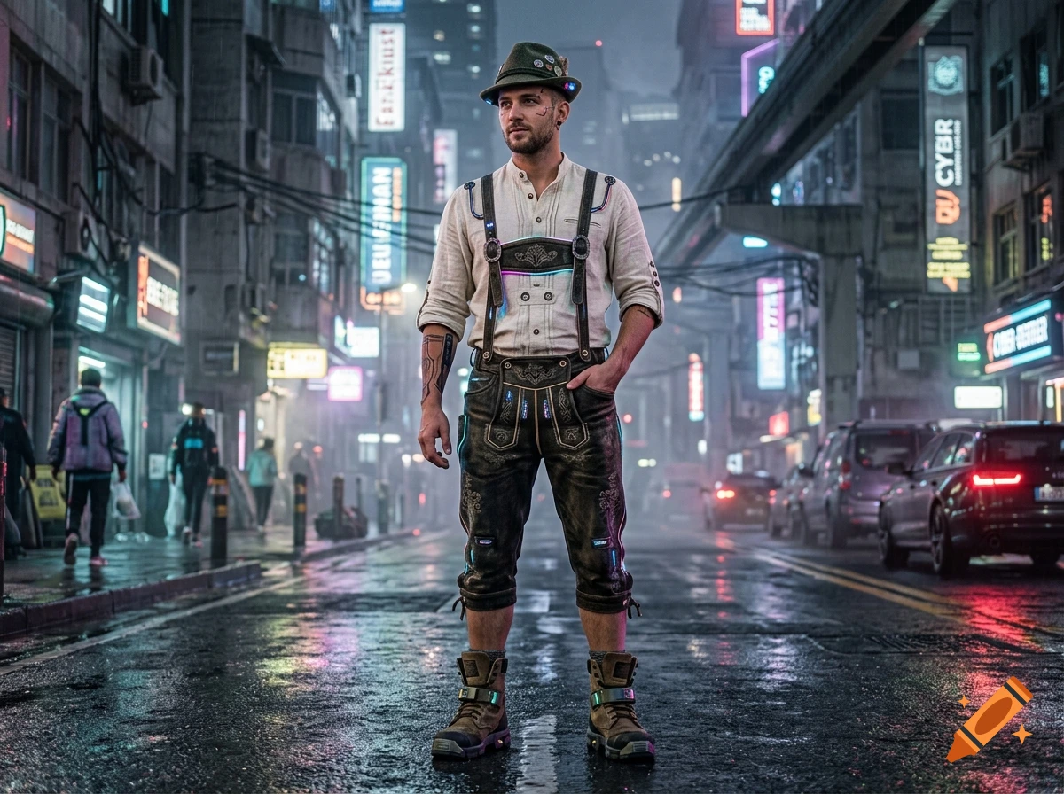 Photorealistic cyberpunk scene with a man in traditional Bavarian lederhosen and a hat standing on a wet neon-lit street.