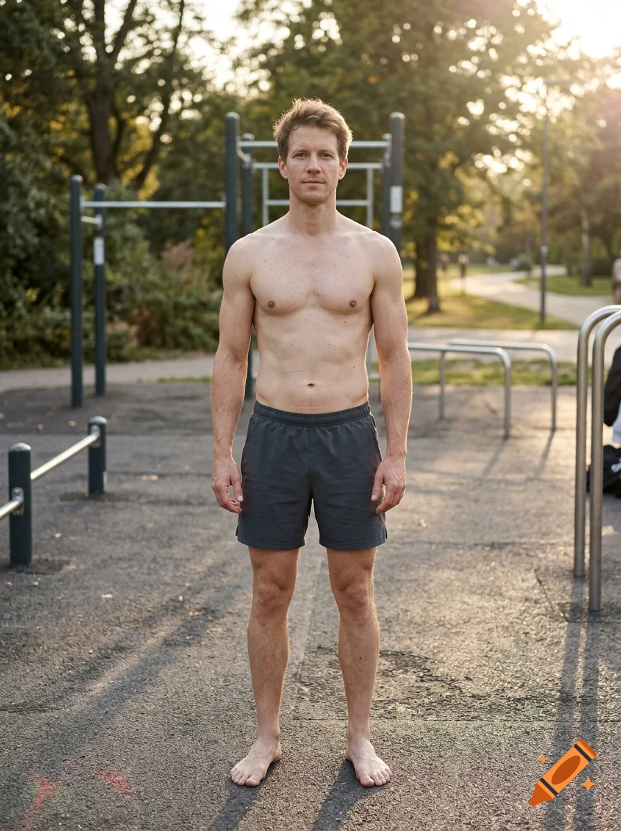 Photorealistic full-body portrait of a man standing outdoors in a park wearing shorts.