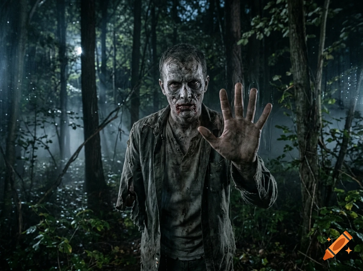 Photorealistic zombie with one arm missing holding hand against an invisible wall in a dark foggy forest.
