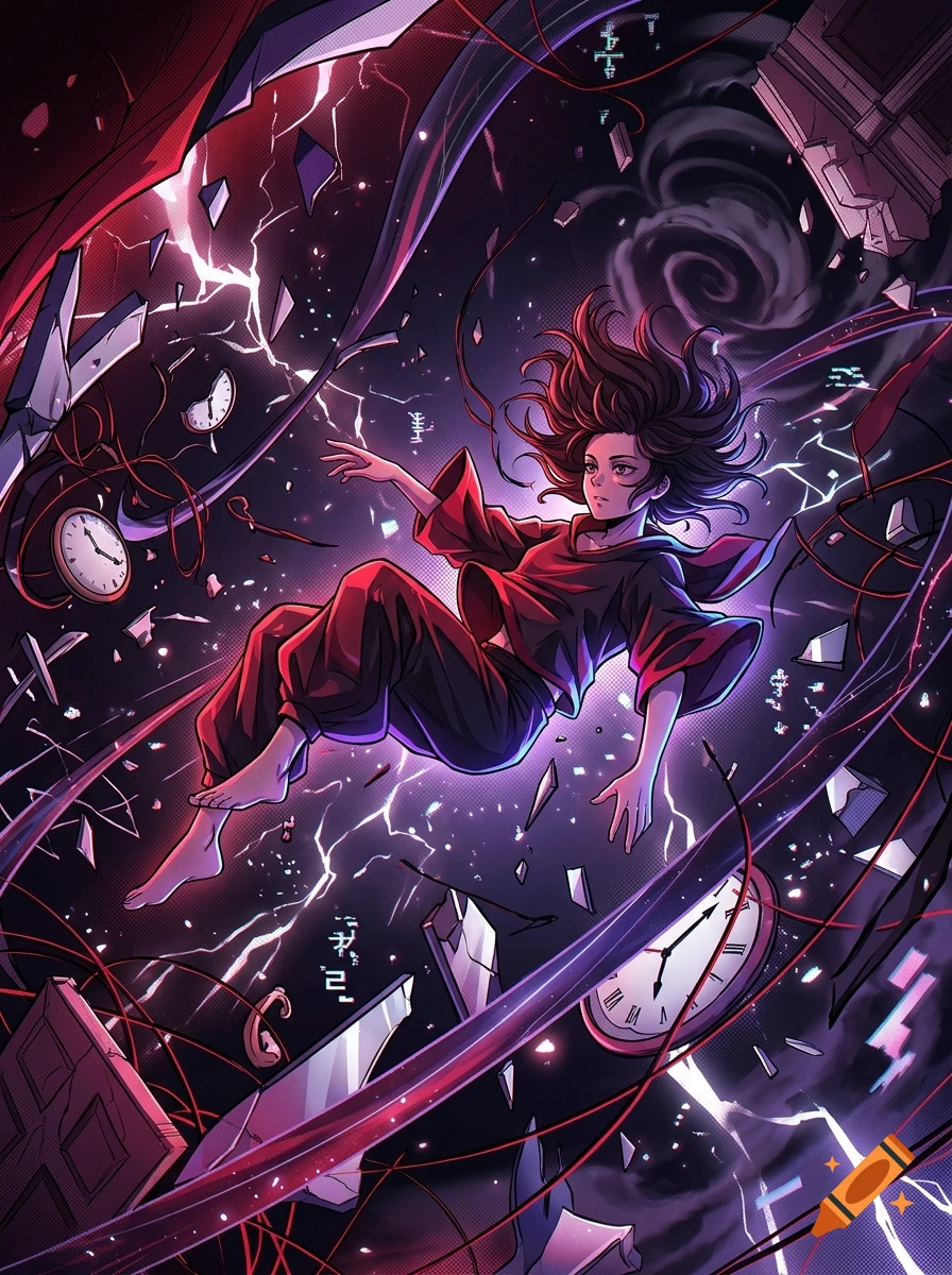 Anime style illustration of a person floating in a chaotic space filled with clocks, broken glass, and glowing red threads.