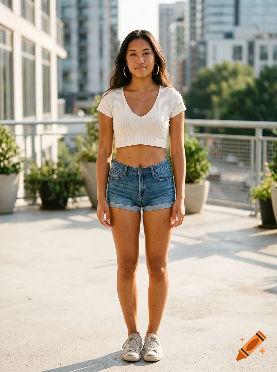 Full-body shot of a young woman with a tan standing on a balcony with a city background, photorealistic.
