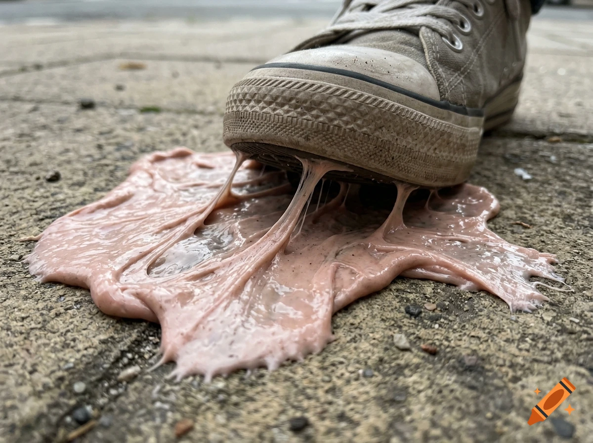 Close-up photorealistic shot of a gray canvas sneaker stepping into a large puddle of pink bubblegum on a concrete sidewalk.