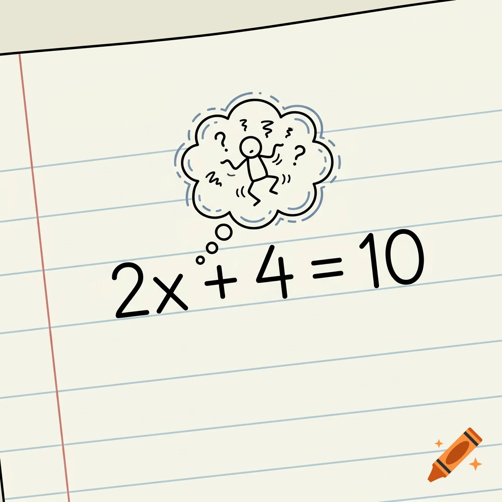 Close-up of a lined homework paper showing the equation 2x + 4 = 10 with a cartoon thought bubble and stick figure.