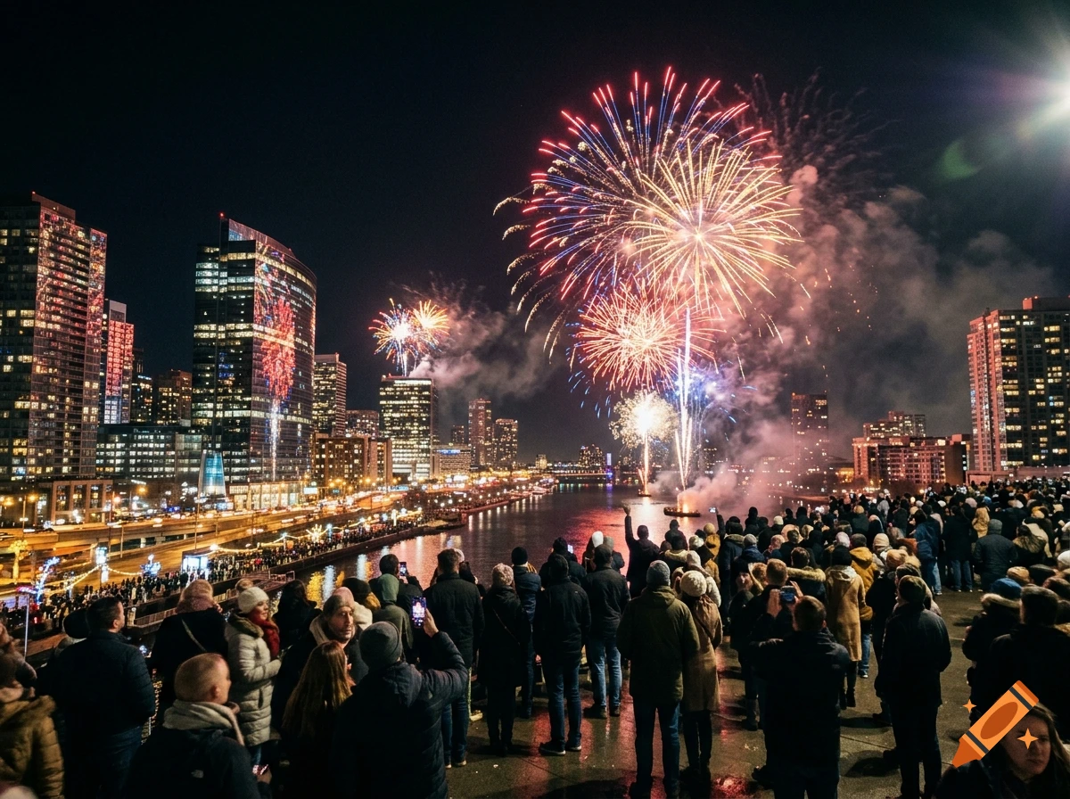 A large crowd of people watching fireworks over a river with city buildings at night.