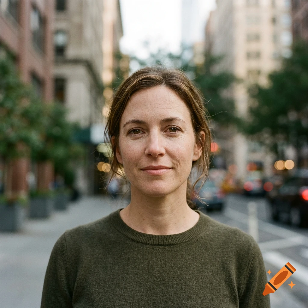 Photorealistic portrait of a woman with brown hair wearing a green sweater standing on a city street.