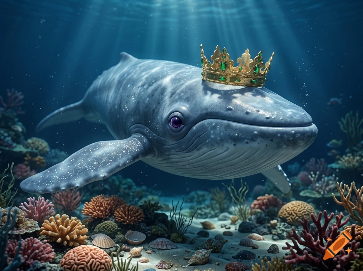 A large grey whale wearing a golden crown with emeralds swims gracefully over a vibrant coral reef in deep blue ocean water.