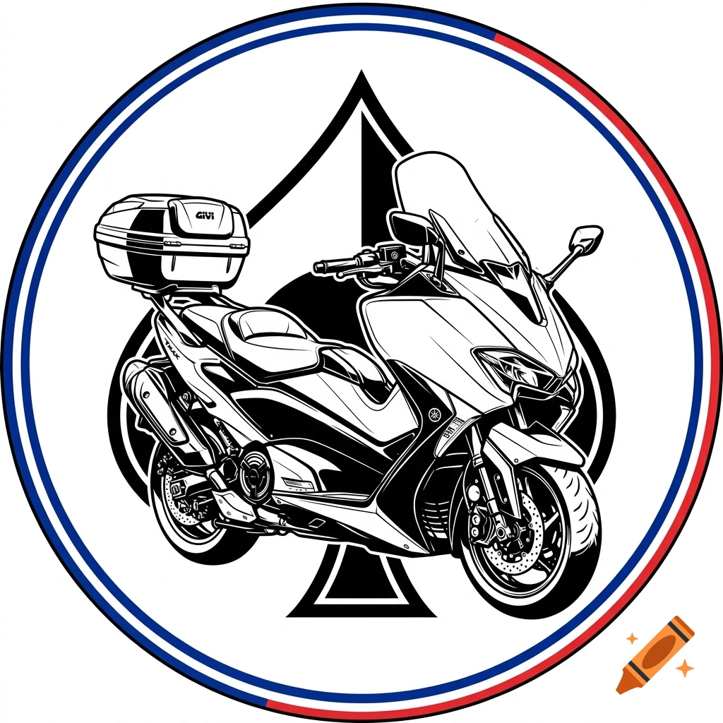 Black and white illustration of a Tmax scooter with a Givi top case, set against an ace of spades and a French flag-colored border.