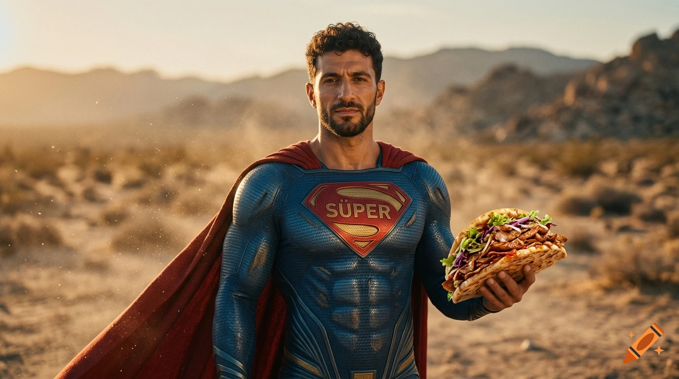 Photorealistic cinematic still of a male superhero holding a giant doner kebab in a desert during golden hour.