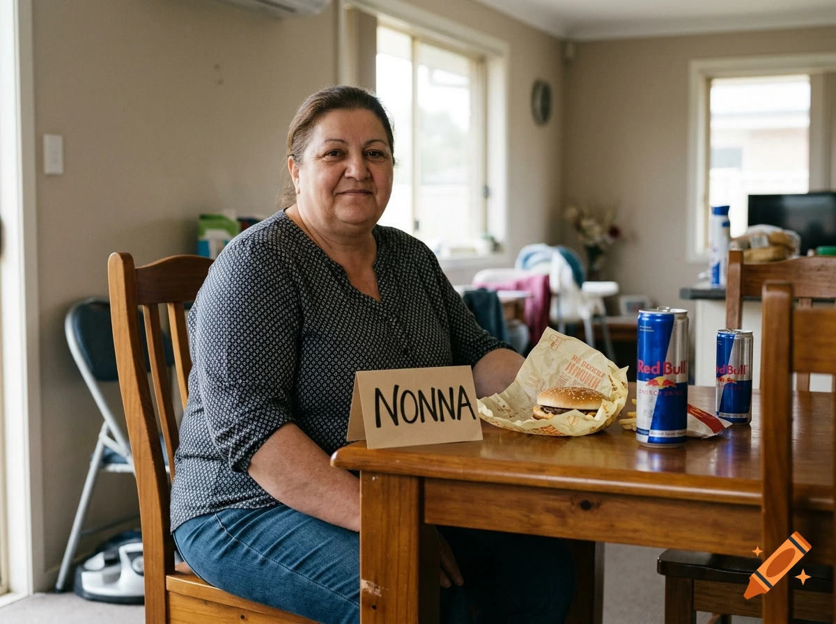 An older woman sits at a wooden dining table next to a sign that reads Nonna, with a burger and energy drink in front of her.