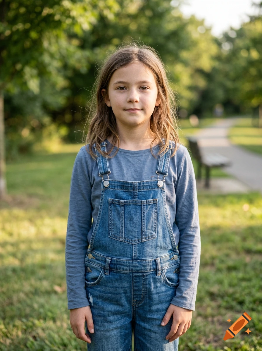 Photorealistic portrait of a young girl standing outdoors in a park wearing denim overalls and a blue shirt.