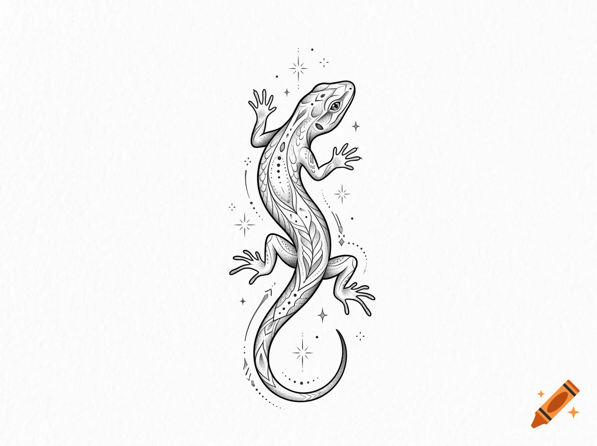 Black and white dotwork tattoo illustration of a stylized lizard surrounded by stars and celestial symbols.