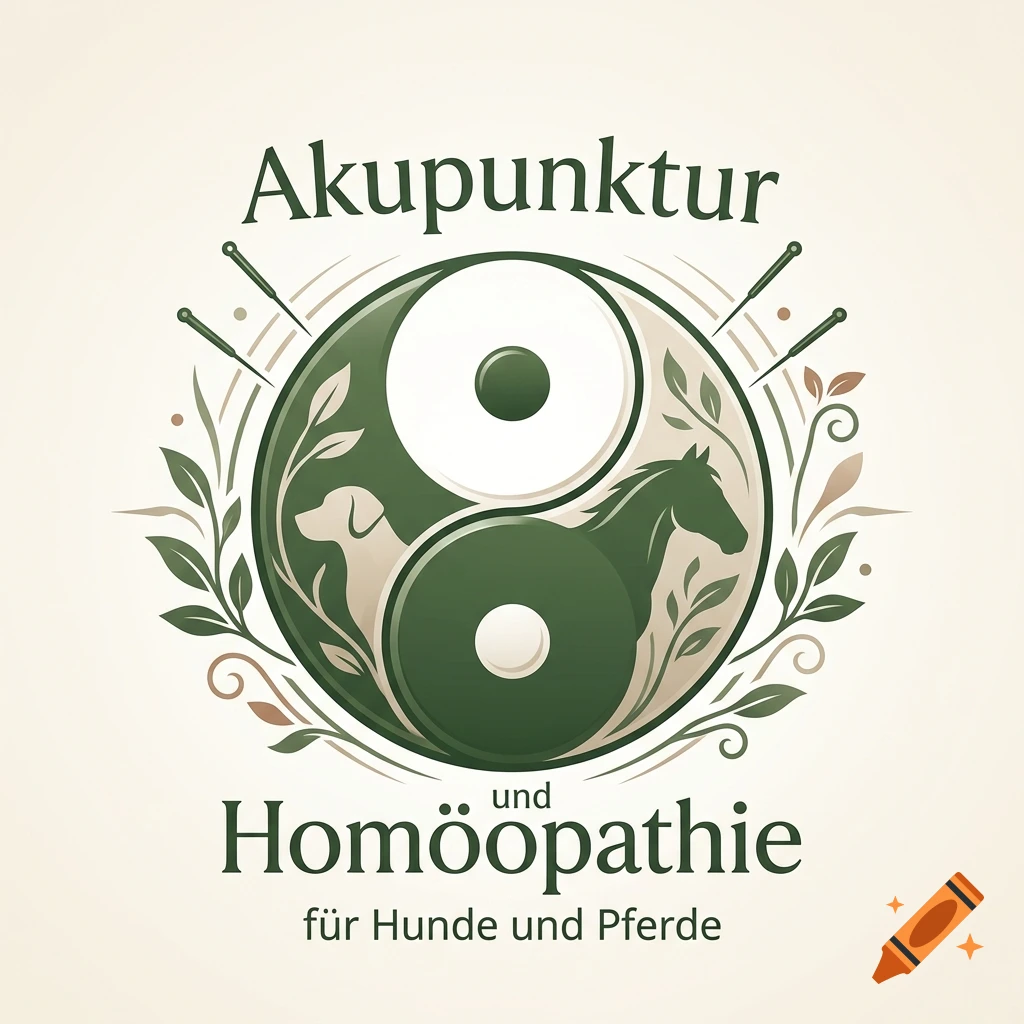 An emblem with a yin-yang style symbol featuring a dog and horse silhouette, surrounded by acupuncture needles, leaves, and German text.