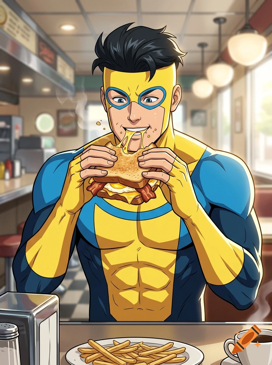 Comic book style illustration of the superhero Invincible happily eating a bacon, egg, and cheese sandwich in a diner.